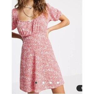 Topshop Red Floral Bardot Mini Dress Puff Sleeve Ruched Bust Size 6